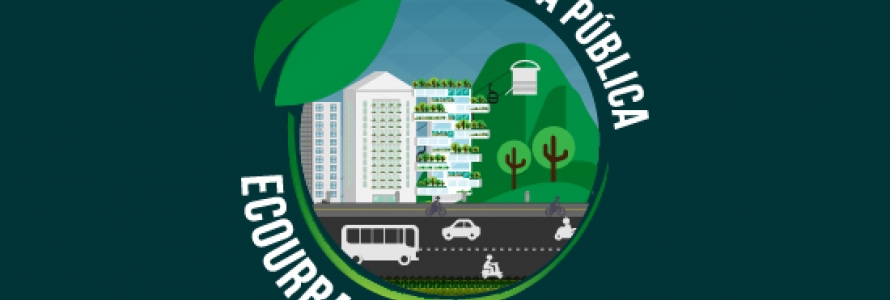 Banner con texto Política Pública Ecourbanismo envolviendo en un circulo un dibujo de una ciudad y un bosque